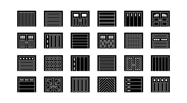 车库门关闭。平的图标集。各类仓库或车间门。矢量插图与外部设计标志。孤立的对象图片下载
