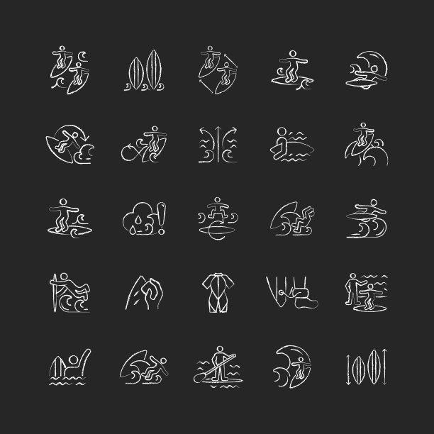 冲浪粉笔白色图标设置在黑暗的背景图片下载