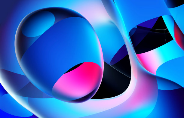三维渲染的抽象艺术三维背景与部分超现实的异形花在曲线波浪螺旋扭曲球形线形成与霓虹灯发光的光效果在蓝色和紫色梯度颜色上的黑色图片下载