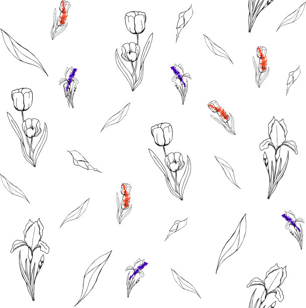无缝图案与郁金香和蝴蝶花剪影图片下载