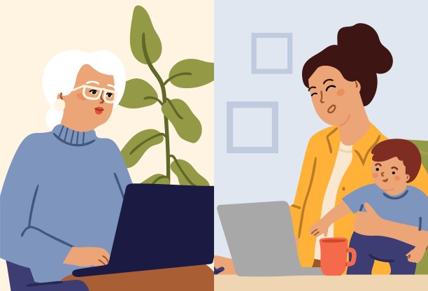 视频电话。家庭电话电脑，在线聊天。年轻女子抱着婴儿与母亲遥谈矢量概念图片下载