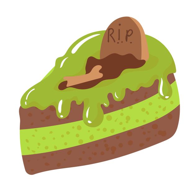 一片涂着绿色奶油的蛋糕和万圣节的装饰品。甜点蛋糕或纸杯蛋糕。异色症。矢量插图孤立在白色背景。图片下载