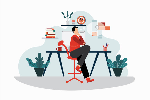 平坦的插图。一个人坐在由电脑组成的办公室里思考。书架，挂钟，可以在家完成工作的地方。图片下载