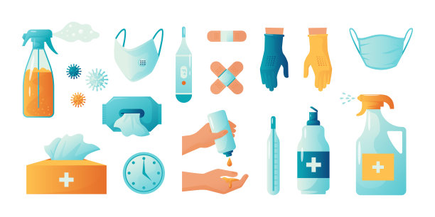 洗手液。个人防护用品消毒。清洁手臂的酒精喷雾或凝胶。瓶装的医用消毒剂和口罩。膏药和一盒盒纸巾。矢量冠状病毒预防集图片下载