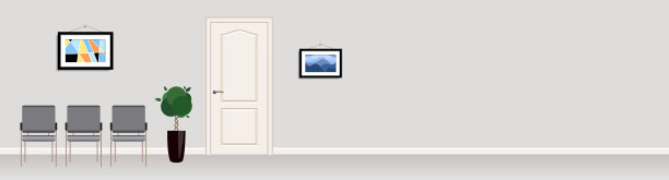 候诊室里有四把灰色椅子和挂钟。在诊所雇用或接受的概念。图片下载