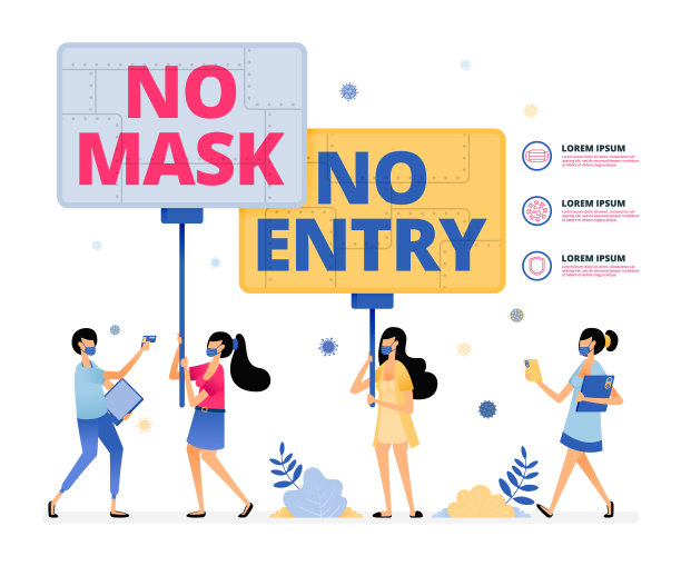 矢量警告插图，以确保人们佩戴口罩和保持距离遵守卫生协议。NO MASK NO ENTRY的信息。设计可以是登陆页，网站，海报，应用程序图片下载