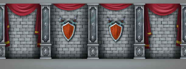 古砖墙无缝背景，矢量石城堡内部，大理石柱子，中世纪盾牌。图片下载