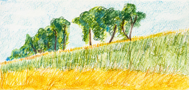 风景素描与树木在山上和田野图片下载