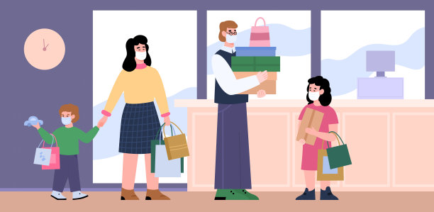 戴着面膜在商场购物的幸福家庭。图片下载
