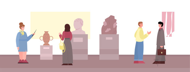 参观古代艺术史博物馆，卡通平面矢量插画。图片下载