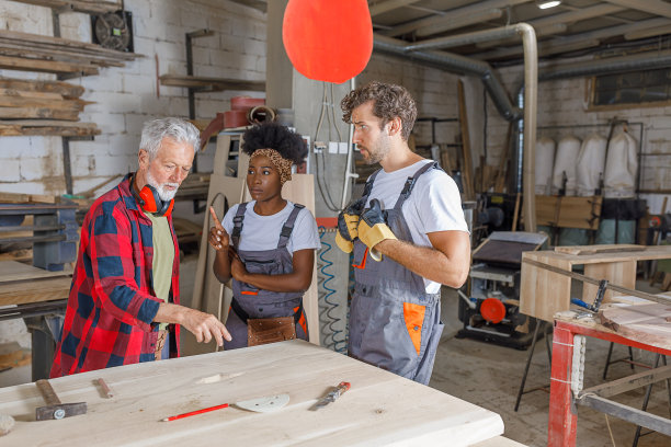 一群多元文化的木匠在车间工作时产生了分歧。图片下载