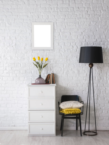 房子内部客厅采用白色砖墙的风格设计图片下载