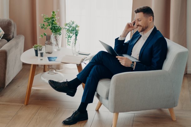 室内拍摄的男公司员工穿着正式的衣服，看着笔记本电脑，拿着笔，在扶手椅上交流，对着舒适的家室内。繁忙的CEO经理图片下载