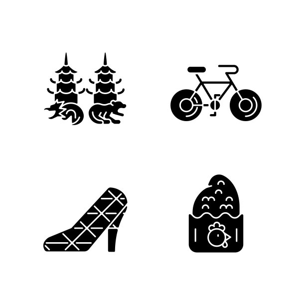 亚洲黑色字形图标设置在白色空间。图片下载