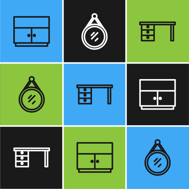 设行衣柜，办公桌和镜子图标图片下载