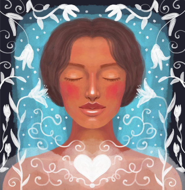 可爱的肖像，一个美丽的女孩闭着眼睛和闪亮的心。插图在复古风格，与卷发和鲜花图片下载