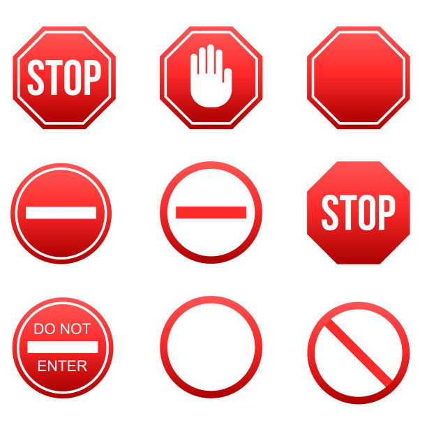 交通停止图标设计。一套交通停止标志图标在时尚的平面风格设计。矢量图图片下载