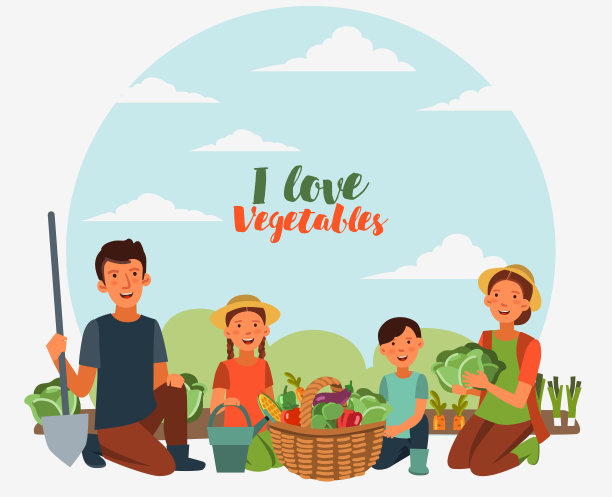 快乐的家庭在花园里用一个装满新鲜蔬菜的篮子:卷心菜，辣椒，番茄，胡萝卜，玉米，花椰菜和茄子的卡通风格图片下载