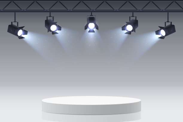 被聚光灯照亮的空荡荡的圆形讲台。舞台上的聚光灯对准舞台。白色底座，用于颁奖典礼或产品展示。矢量插图。图片下载