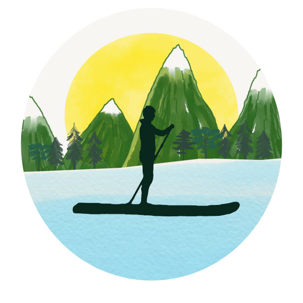 一个拿着桨站在木板上的男人的剪影。帆船运动。山的风景。森林。活跃的娱乐。用于邀请、明信片、横幅、海报的插图图片下载