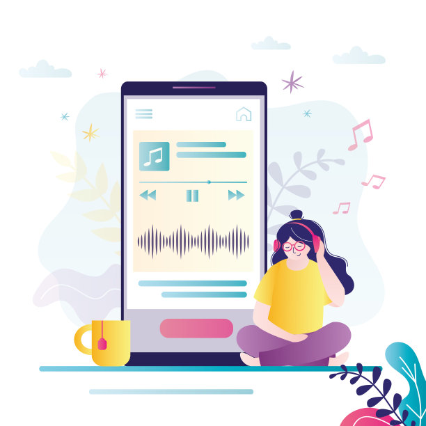 女性角色通过应用程序听音频Ð“带耳机的女孩喜欢听音乐”图片下载