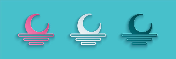 剪纸日落图标孤立在蓝色背景图片下载