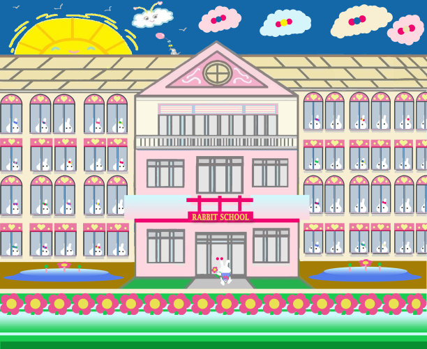 鲜艳多彩的多层经典兔兔学校卡通风格儿童艺术插画2021图片下载