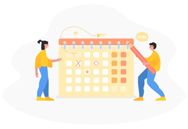 计划，工作安排，时间管理。两个人站在大日历旁边图片下载