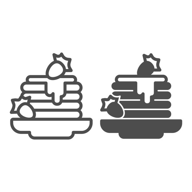 煎饼，草莓酱线和固体图标，英语早餐概念，煎饼矢量标志上的白色背景，煎饼和果酱轮廓风格的移动概念和网页设计。矢量图形。图片下载