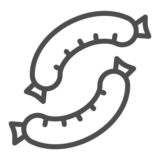 两个肉香肠线图标，英文早餐概念，两个肉香肠矢量标志上的白色背景，两个香肠轮廓风格的移动概念和网页设计。矢量图形。图片下载