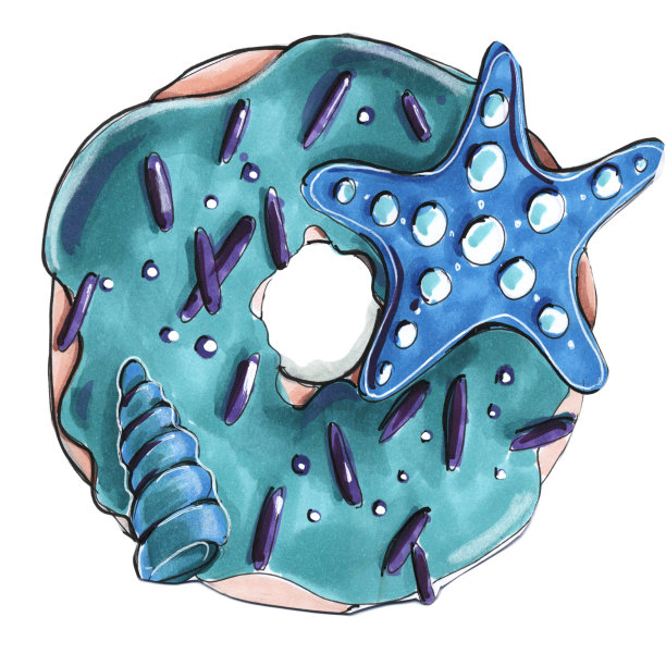 卡通素描儿童风格插图甜甜圈海洋主题与星星和贝壳绿松石釉图片下载