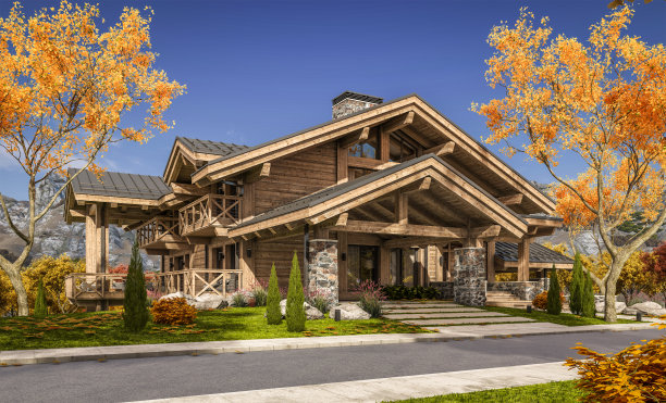 3d渲染的现代舒适小屋与游泳池和停车场出售或出租。美丽的森林山的背景。巨大的木梁和柱子。秋高气爽，到处都是金叶。图片下载