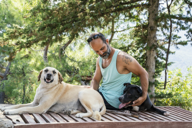一个成熟的男人在他房子的花园里和他的狗玩耍图片下载