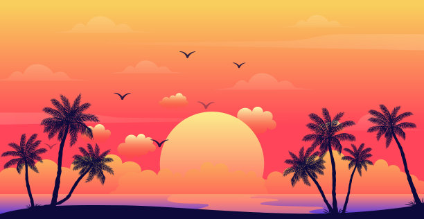 现实的海上日落在背景棕榈图片下载