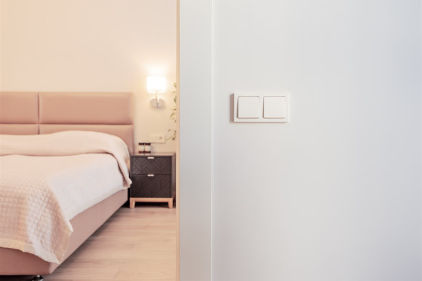现代明亮的卧室内部与灯开关在前面的计划图片下载