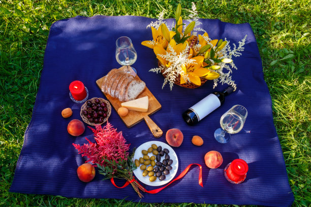 户外野餐设置美丽的花束，玻璃杯和一瓶白酒，燃烧的蜡烛，面包，奶酪和水果。前视图。图片下载