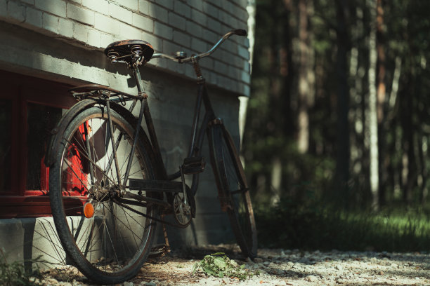 在苏联时期的旧建筑附近停放着一辆自行车图片下载