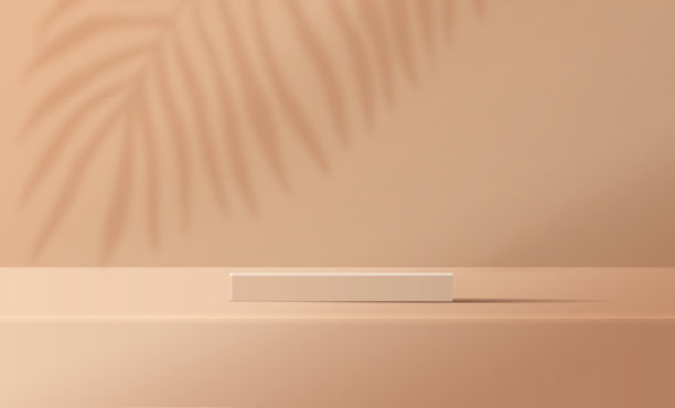 化妆品浅棕色的背景，最小和优质的讲台展示产品展示品牌和包装展示。带有树叶阴影背景的演播室舞台。设计图片下载
