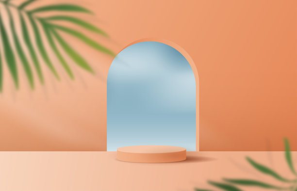 化妆品橙色背景最小和优质讲台展示产品展示品牌和包装展示。带有树叶阴影背景的演播室舞台。3 d插图设计图片下载