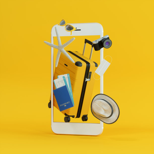 用手机在线预订旅行。采购产品医用口罩，手提箱，太阳帽，相机，护照，机票，太阳镜和手机在黄色背景图片下载