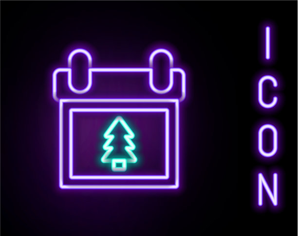 发光的霓虹灯行日历与树图标隔离图片下载