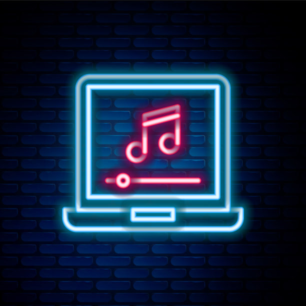 发光的霓虹灯线笔记本电脑与音乐音符符号图片下载