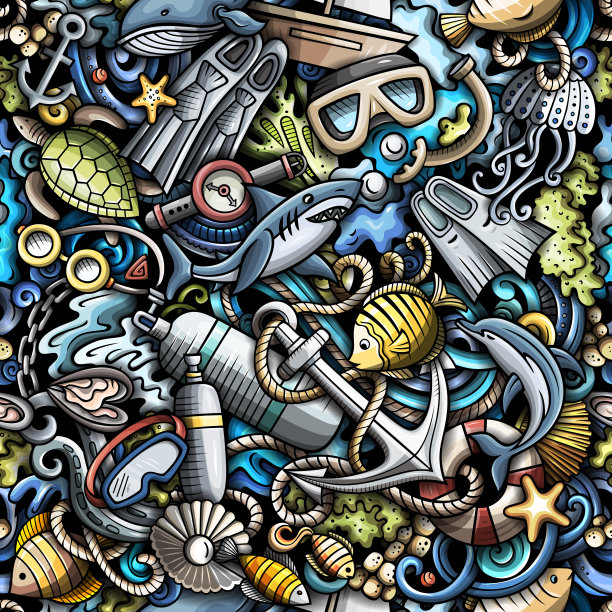 卡通涂鸦潜水无缝图案图片下载