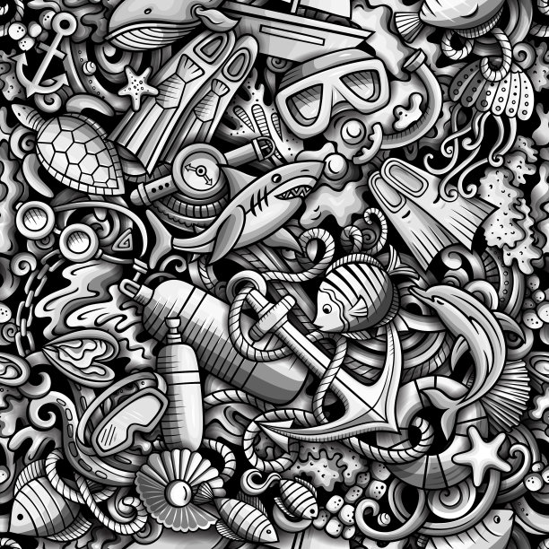 卡通涂鸦潜水无缝图案图片下载