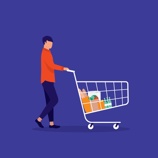 用购物车购物的年轻人。电子商务。图片下载