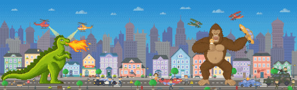 《金刚》和《哥斯拉》的像素游戏布局设计。巨大的动物，怪物攻击人类图片下载