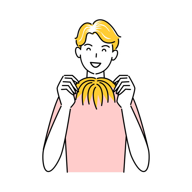 可爱的男人拿着头发护理部分假发(假发)与双手插图简单矢量头发护理。防止头发变薄变白的措施可爱的男子双手拿着局部假发(假发)。简单的说明。v图片下载