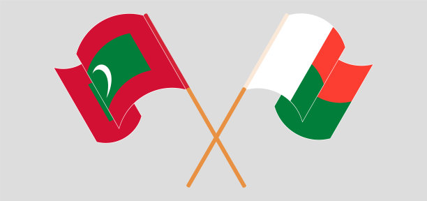 交叉并挥舞着马尔代夫和马达加斯加的国旗图片下载