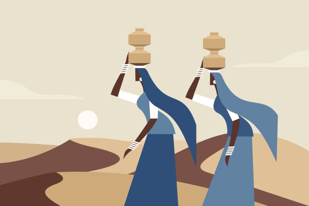 女人头上顶着水罐在沙漠中行走图片下载