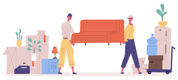 新房子移动。搬迁服务人物搬运沙发和家居箱子，搬运者拉动家具矢量插图。搬家的人图片下载